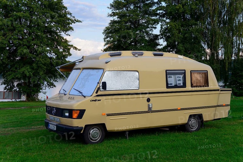 Yellow motorhome standing in a meadow with trees in the background, looks ready for the next adventure, classic car, motorhome, Orion 3, Mercedes