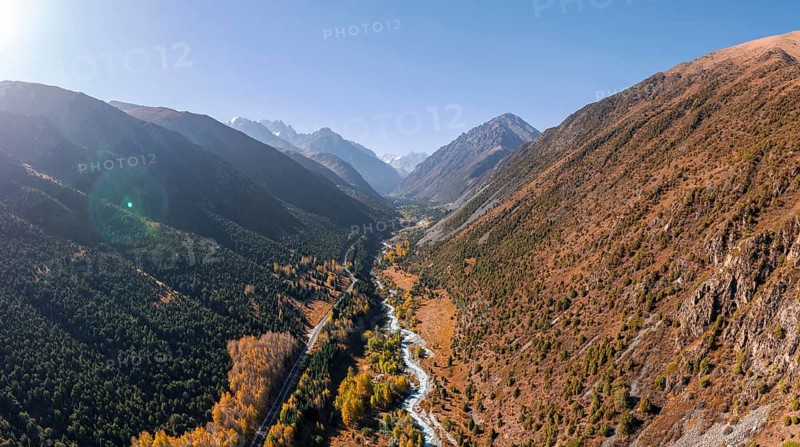 Aerial view, mountain stream Ala Archa flows through the Ala Archa valley, autumnal mountain landscape, Ala Archa National Park, Khirgiz Ala-Too Mountains, Chuy Region, Kyrgyzstan
