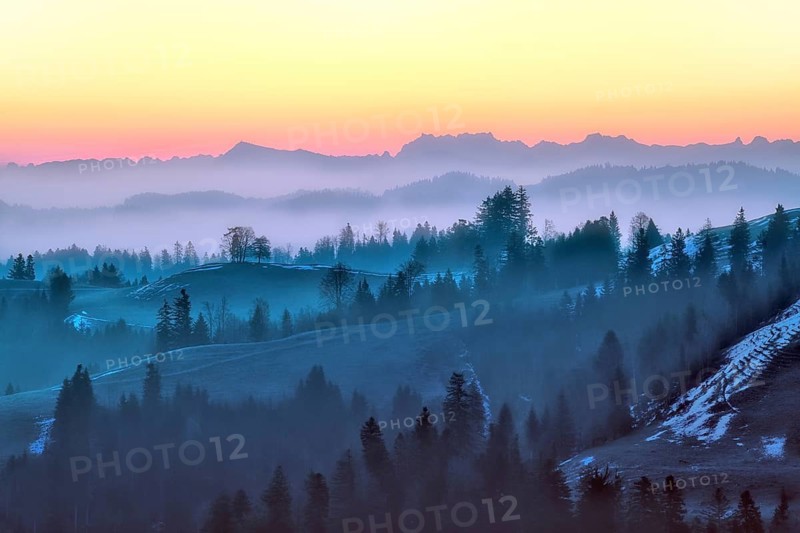 Morning atmosphere over hilly landscape, Ahornalp, fog in the pre-alpine valleys, Canton of Lucerne, Switzerland
