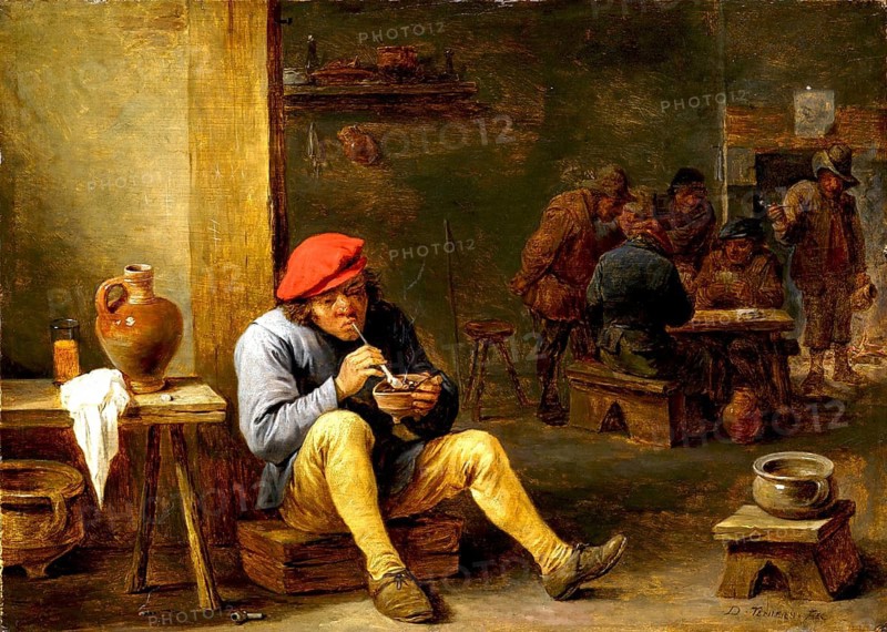 Peasant in a tavern lighting his pipe, painting by David Teniers (baptised 15 December 1610 in Antwerp, died 25 April 1690 in Brussels), Flemish painter, draughtsman and curator. He was an innovator in a variety of genres such as history painting, genre painting, landscape, portrait and still life. He is most remembered today as the leading Flemish genre painter of his time, reproduction from a 17th century painting. Authentic, file restored for optimal use, exact date of original unknown