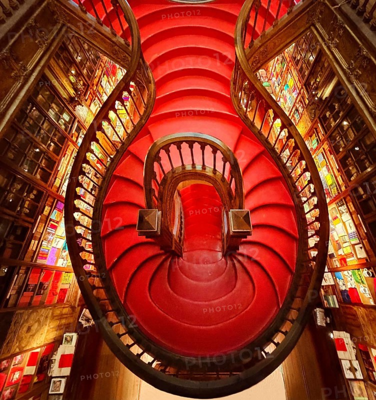 Livraria Lello, the Lello bookstore is one of the most beautiful bookstores in the world, interior view of the curved wooden staircase, Porto, Portugal
