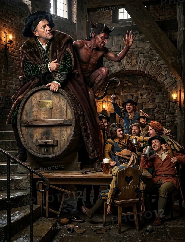 Fassritt, Faust and Mephisto riding on the wine barrel in Auerbachs Keller, scene from Faust by Johann Wolfgang Goethe, magician, literature, devil, historical figure, digitally edited