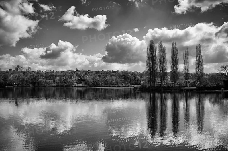 Max-Eyth-See, behind Hofen near Stuttgart, clouds, black and white, Baden-Württemberg, Germany