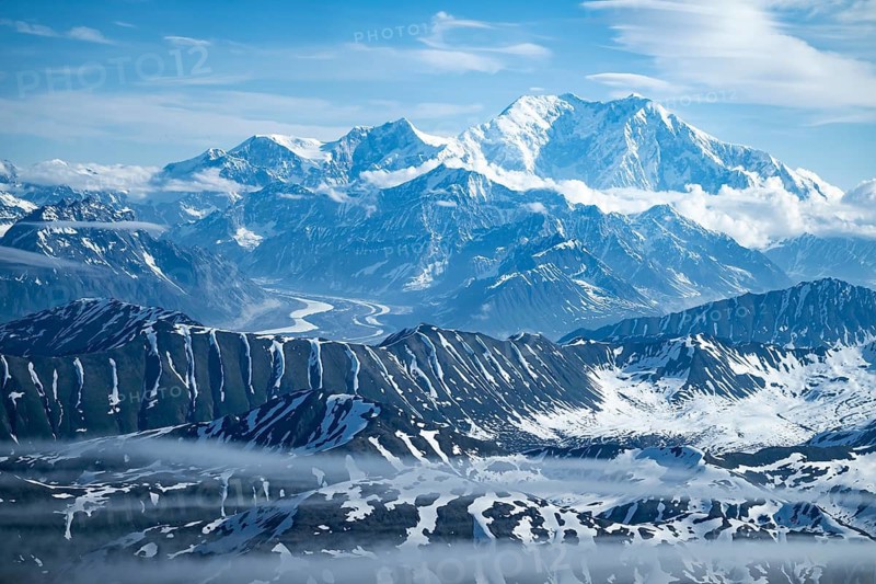 Panorama, clouds over high mountains, Mt Denali or Mount McKinley, aerial view, Alaska Range, Denali National Park, Alaska, USA