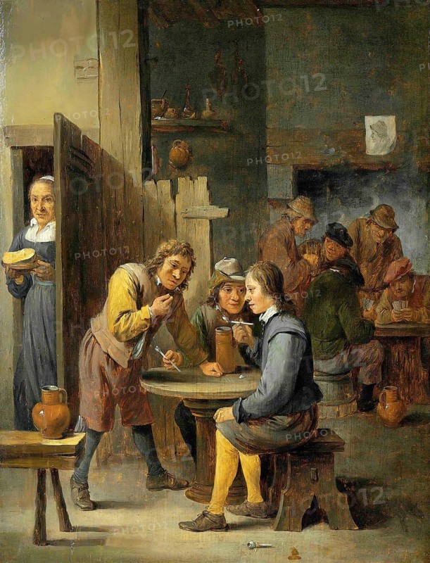 Figures inside a tavern, painting by David Teniers (baptised 15 December 1610 in Antwerp, died 25 April 1690 in Brussels), Flemish painter, draughtsman and curator. He was an innovator in a variety of genres such as history painting, genre painting, landscape, portrait and still life. He is most remembered today as the leading Flemish genre painter of his time, reproduction from a 17th century painting. Authentic, file restored for optimal use, exact date of original unknown