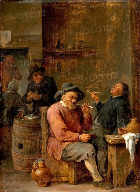 Peasants Smoking in an Inn (c. 1640), painting by David Teniers (baptised 15 December 1610 in Antwerp, died 25 April 1690 in Brussels), Flemish painter, draughtsman and curator. He was an innovator in a variety of genres such as history painting, genre painting, landscape, portrait and still life. He is most remembered today as the leading Flemish genre painter of his time, reproduction from a 17th century painting. Authentic, file restored for optimal use, exact date of original unknown