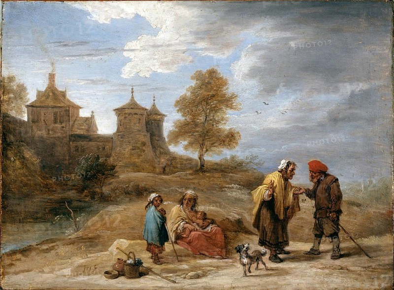 Gypsy in a landscape, painting by David Teniers (baptised 15 December 1610 in Antwerp, died 25 April 1690 in Brussels), Flemish painter, draughtsman and curator. He was an innovator in a variety of genres such as history painting, genre painting, landscape, portrait and still life. He is most remembered today as the leading Flemish genre painter of his time, reproduction from a 17th century painting. Authentic, file restored for optimal use, exact date of original unknown