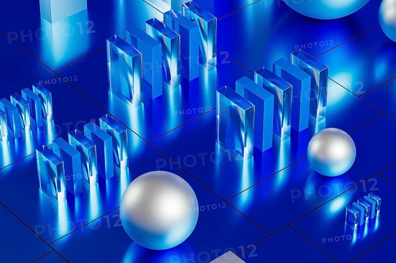 An array of geometric forms cast in blue illuminates a stunning 3D technological environment, showcasing reflective surfaces and intricate designs