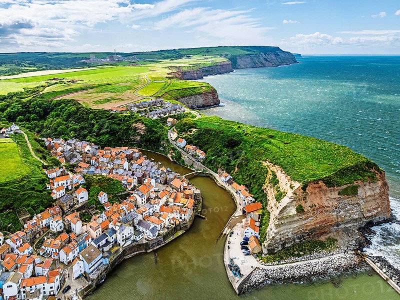 Staithes Village from a drone, North Yorkshire, North York Moors National Park, England, United Kingdom