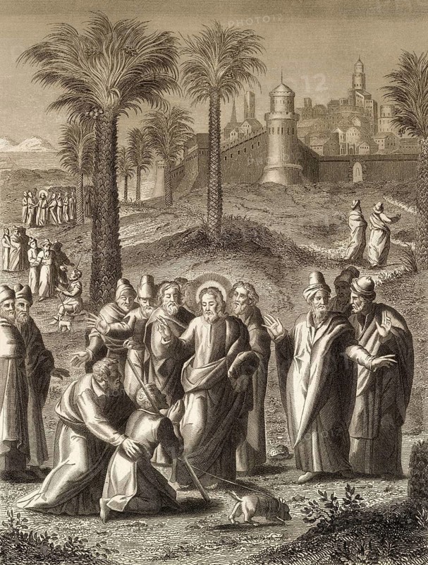 Healing a blind man near Jericho, New Testament, steel engraving 1853, digitally restored