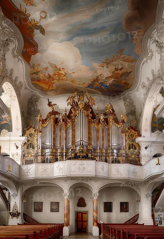 Interior view, brochure of the main organ, large organ, gallery, Cathedral of Our Lady, also collegiate church, Lindau, Bavaria, Lake Constance, Germany