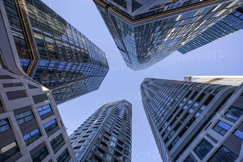 The four skyscrapers of the Four Frankfurt construction project rise far into the sky, Frankfurt am Main, Hesse, Germany