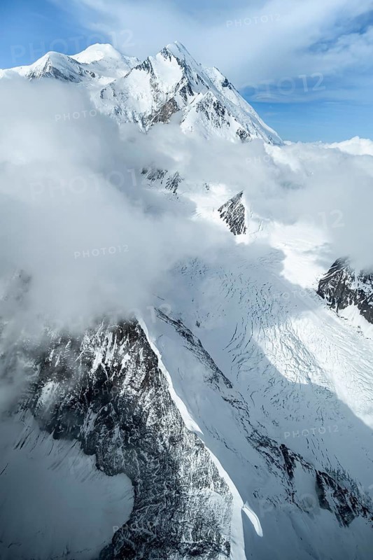 Summit of Mt Denali or Mount McKinley with glacier, aerial view, Alaska Range, Denali National Park, Alaska, USA