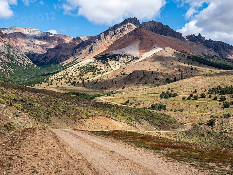 Road Ruta 41, gravel road, arid volcanic landscape, Los Antiguos - Paso Roballo, aerial view, Argentina