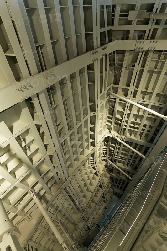 Fondation Louis Vuitton by Frank Gehry, exposed steel structure in the stairwell, industrial sculpture, Bois de Boulogne, Paris, France