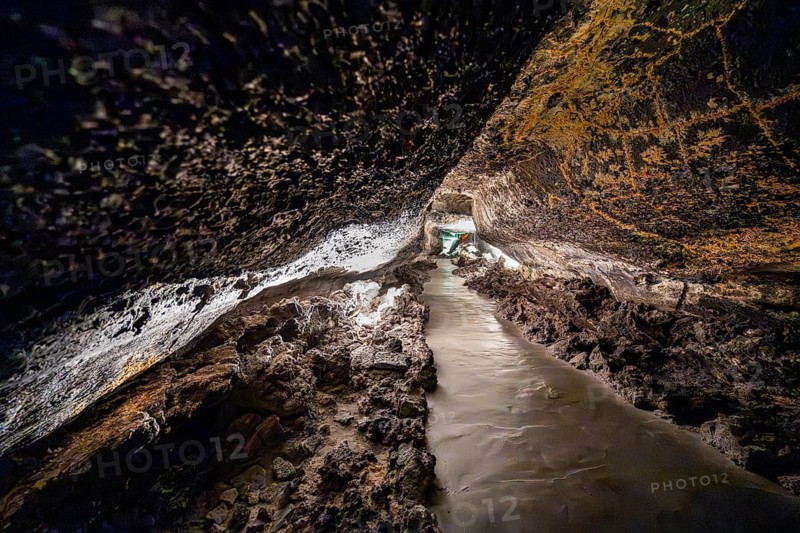 Underground cave formed by lava flow, illuminated lava cave, Cueva de los Verdes, Lanzarote, Canary Islands, Spain