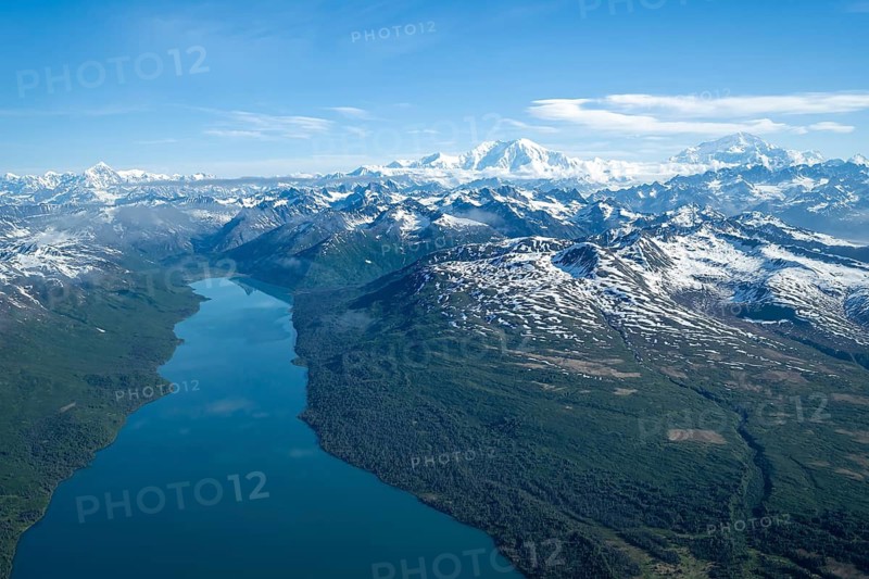 Chelatna Lake, Mt Foraker and Mt Denali or Mount McKinley, aerial view, Alaska Range, Denali National Park, Alaska, USA
