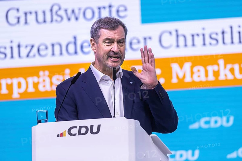 38th Federal Party Congress of the CDU of Germany in Stuttgart. Greetings from Markus Söder, party leader of the sister party CSU and Minister-President of the Free State of Bavaria. Stuttgart, Baden-Württemberg, Germany