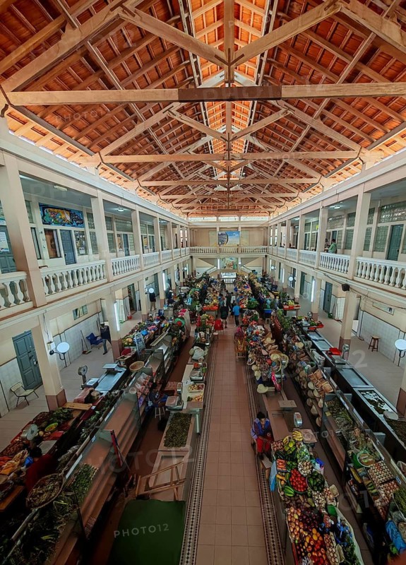 Panoramic view from above of the Mercado Municipal, Great Market Hall with many stalls and people under a wooden ceiling structure, Mindelo, Sao Vicente, Cabo Verde, Cape Verde, Cape Verde
