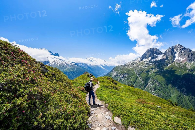 Mountaineers on hiking trail, mountain panorama with glaciated mountain peaks, Aiguille du Midi and Mont Blanc, Aiguille de Mesure and Aiguille de Chamois, hiking to Aiguillette des Posettes, Chamonix, Haute-Savoie, France
