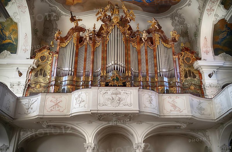 Interior view, brochure of the main organ, large organ, gallery, Cathedral of Our Lady, also collegiate church, Lindau, Bavaria, Lake Constance, Germany