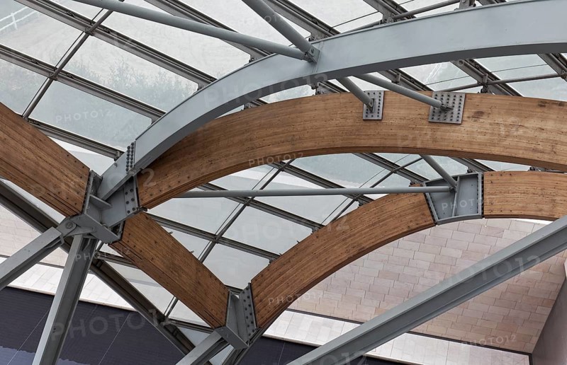 Louis Vuitton Foundation construction, futuristic steel, wood and glass building by architect Frank Gehry, Bois de Boulogne, Paris, France