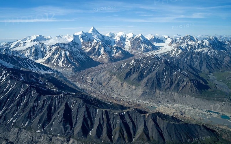Melted glacier, glacier bed, aerial view, Alaska Range, Denali National Park, Alaska, USA