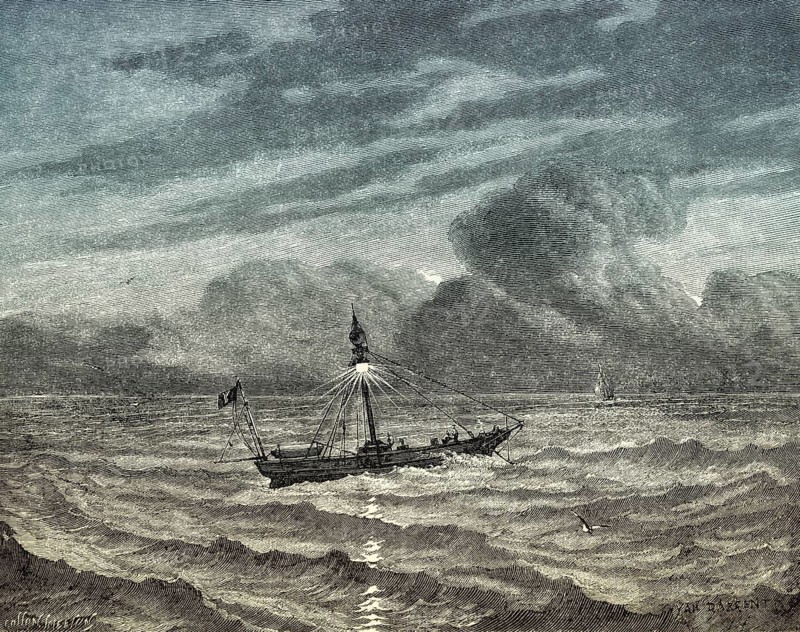 Ruytingen lightship anchored in the fairway entrance between Outer-Ruytingen and Inner Ruytingen near Dunkirk, France, 19th century
