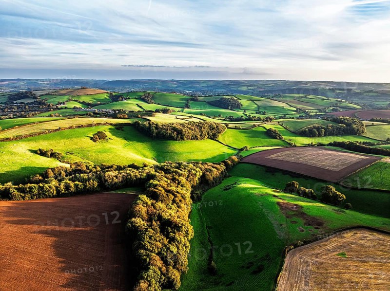 Colours of Devon Farms and Fields over Berry Pomeroy from a drone, Totnes, England, United Kingdom