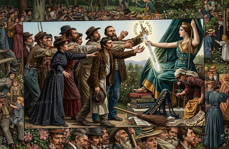 Knowledge is power, slogan of the workforce that woman, historical illustration, digitally edited, law, human right, equality, woman's right, suffrage, woman's suffrage, education, discrimination