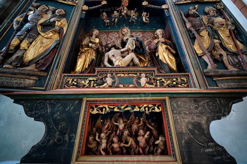 Interior view, purgatory, depiction of hell in the predella of the high altar in the choir, winged altar, Lutheran town church, Bad Wimpfen, Kraichgau, Baden-Württemberg, Germany