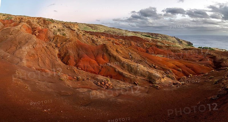 Volcanic soil, colorful soil, red, erosion, near Miradouro da Ponta do Rosto, Madeira, Portugal