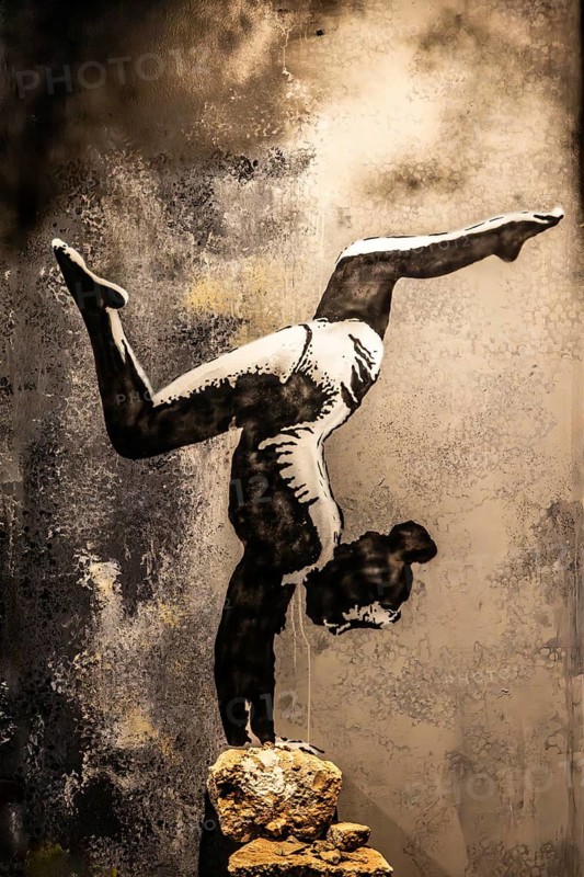 Banksy - Turnerin auf Truemmern, painting on a destroyed house wall in the Ukraine, exhibition The World of Banksy