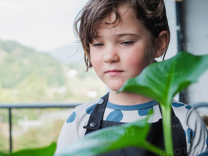 A close-up portrait of a contemplative young girl indoors, gazing past a fresh green leaf, reflecting a quiet moment of connection with nature