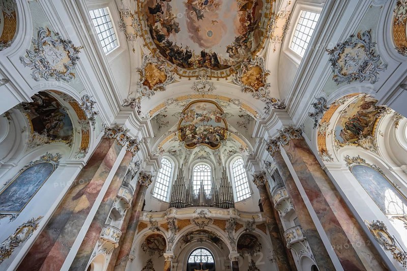 The magnificent Basilica of St. Alexander and St. Theodor in Ottobeuren impresses as a masterpiece of southern German Baroque with its opulent ceiling frescoes and detailed stucco decoration, Ottobeuren, Unterallgäu, Bavaria, Germany
