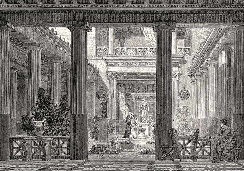 An ancient Greek prostas house, open court with a statue of Hestia, the goddess of the hearth, architecture and family
