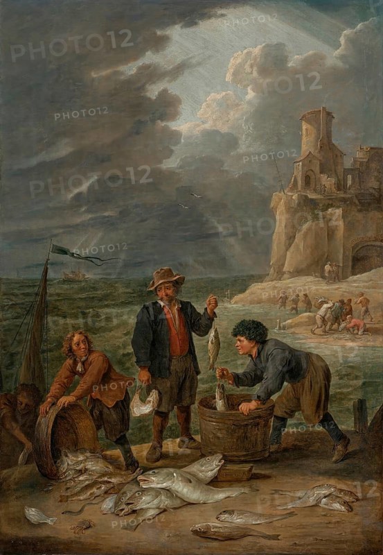 Fishermen returning to shore with their catch, in the background more fishermen below a lighthouse on a cliff, painting by David Teniers (baptised 15 December 1610 in Antwerp, died 25 April 1690 in Brussels), Flemish painter, draughtsman and curator. He was an innovator in a variety of genres such as history painting, genre painting, landscape, portrait and still life. He is most remembered today as the leading Flemish genre painter of his time, reproduction from a 17th century painting. Authentic, file restored for optimal use, exact date of original unknown