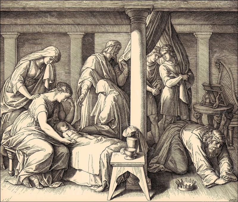 The death of Bathsheba's first child with David, Old Testament, by Julius Schnorr von Carolsfeld