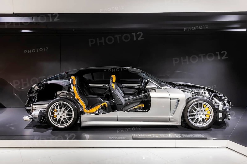 Porsche Museum Stuttgart-Zuffenhausen. Porsche Panamera Turbo pattern built in 2009. The automotive museum of Dr. Ing. h.c. F. Porsche AG shows racing cars and iconic cars from automotive history. interior view. Stuttgart, Baden-Württemberg, Germany
