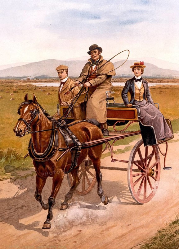 Irish jaunting car, carriage, County Waterfront, Ireland, c. 1890, Historic, digitally restored reproduction from a 19th century original, Irish jaunting car, County Waterfront, Ireland, 1890, Historic, digitally restored reproduction from a 19th century original