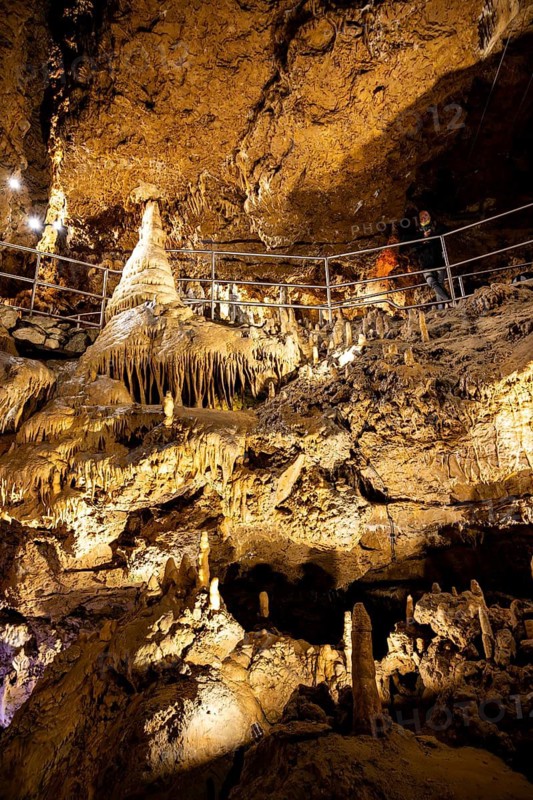 Stalagmites and stalactites in a cave, Devil's Cave Pottenstein, Franconian Switzerland, Franconia, Bavaria, Germany