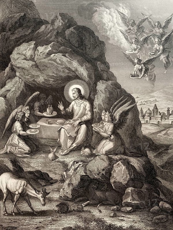 The ministry of angels to Christ, Steel engraving 1853, digitally restored