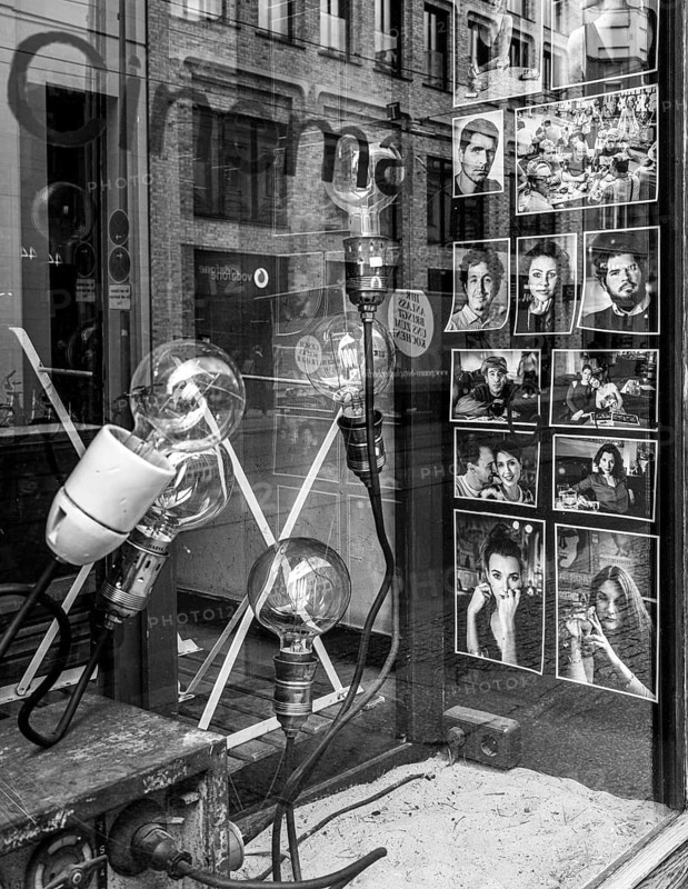 Black and white photograph, window of an old cinema, Hakescher Markt, Berlin, Germany