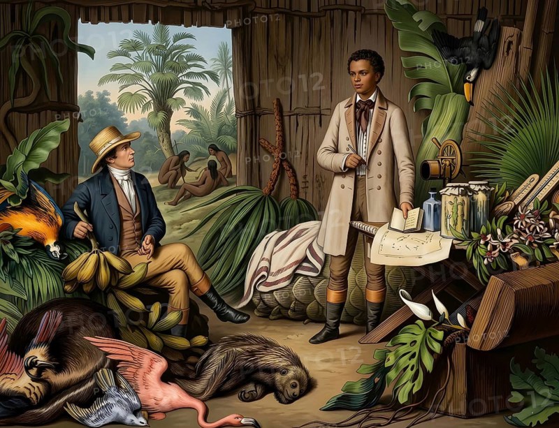 Alexander von Humboldt and botanist Aimé Goujaud Bonpland in South America, flora, natural science, explorer, Latin America, botany, fauna, discoverer, historical figure, historical illustration, digitally edited