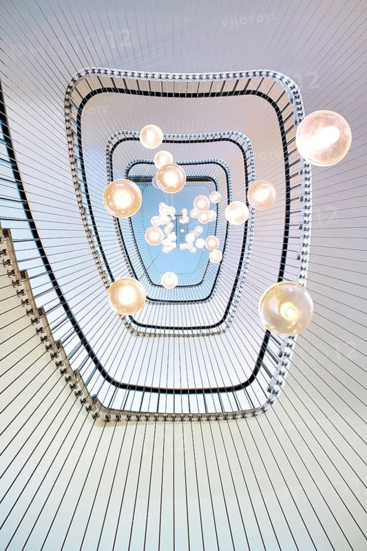 Modern staircase in an office building with a view from below, Zurich, Switzerland