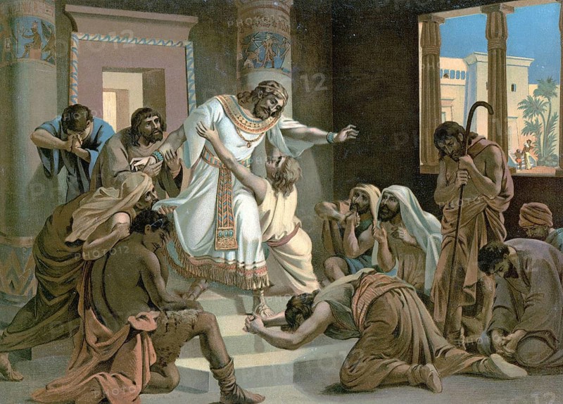 Scene from the biblical story, Joseph reveals himself to his brothers, authentic reproduction of a school mural, historical, around 1900