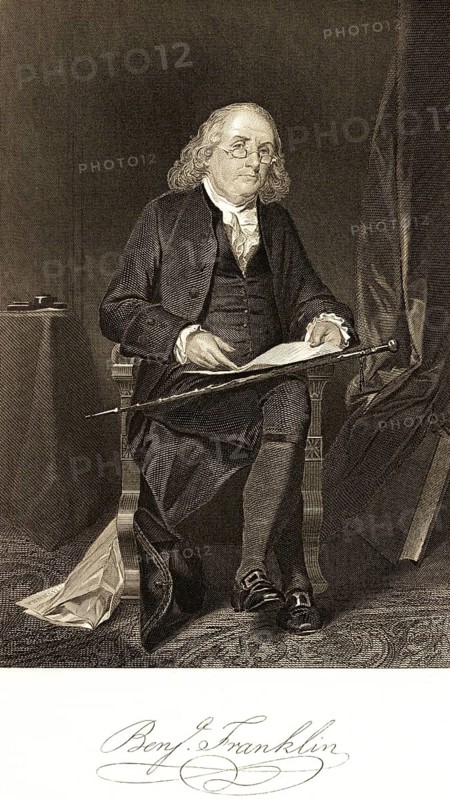 Benjamin Franklin (1706-1790) portrait of famous American, professions, publisher, writer, scientist, inventor, statesman, co-founder of the United States, contributor to the Declaration of Independence, USA, armchair, sitting, table, glasses, waistcoat, noble clothes, alert look, interior, 18th century, signature, artist Alonzo Chappel, steel engraving, historical illustration 1862
