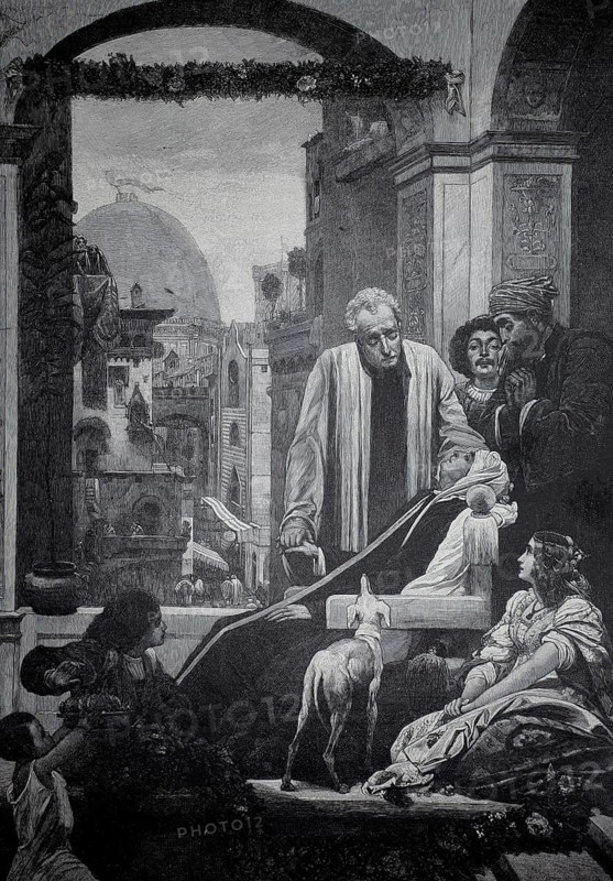 The Death of Brunelleschi, Filippo Brunelleschi (born 1377 in Florence, died 15 April 1446 in Florence) was a goldsmith, sculptor, architect and engineer of the 15th century, Illustration, Reproduction from a 19th century original. Authentic, file restored for optimal use, exact date of original unknown, Historical, Inner courtyard with old man talking to other people, large buildings in the background