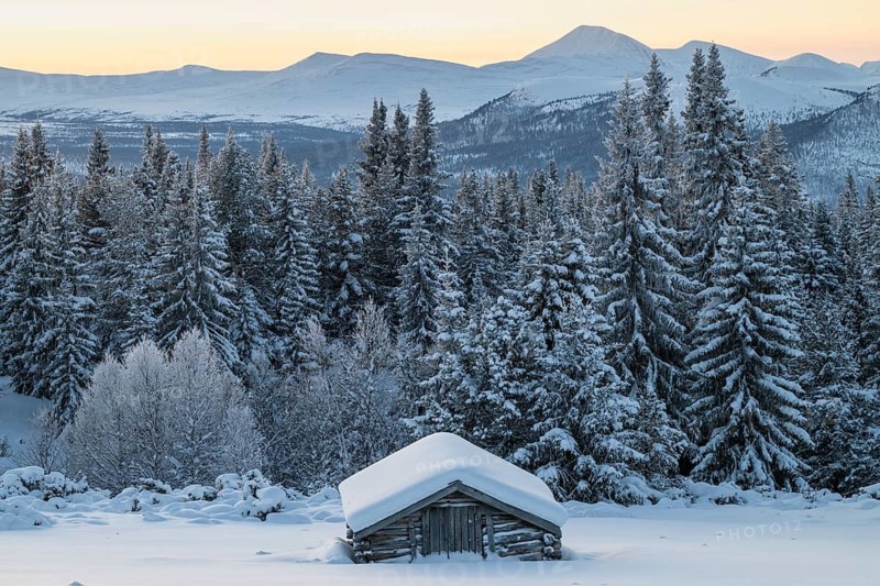 Snowy alpine hut, Övre Kvebergsvangan, Alvdal, Hedmark, Innlandet, Norway, January 2026
