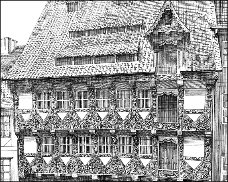 Historical architectural illustration from the 19th Century, 1881, German Renaissance style, 16th century, Huneborstelsche Haus house, today Guild house, 1524, Burgplatz place, destroyed in World War II, Braunschweig, Lower Saxony, Germany, Europe, Deutsche Renaissance, Architektur-Zeichnung von 1881, Das Huneborstelsche Haus, heute Gildehaus, 1524, Burgplatz, zerstört im Zweiten Weltkrieg, Braunschweig, Niedersachsen, Deutschland, Europa